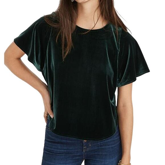 MADEWELL $45 Short‎ Sleeve Velvet Butterfly Top in Green XXS - Picture 1 of 5